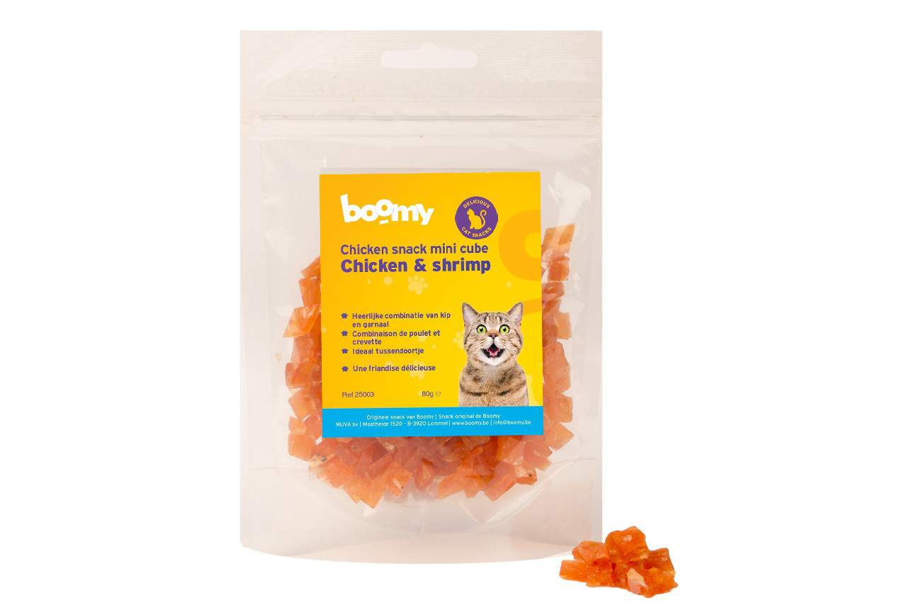 Miniblokjes kip en garnaal voor je kat - 80 gram - Boomy